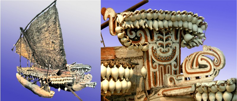 Kula trade canoe and detail of prow ornament